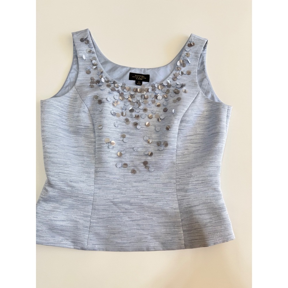 Tahari Arthur S Levine Luxe Women Blouse Embellished sz 6 Business Lt Gray Work